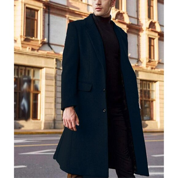 Men's  Dark Blue Slim Fit Notched Collar Long Casual Trench Coat with Pocket - Picture 3 of 6